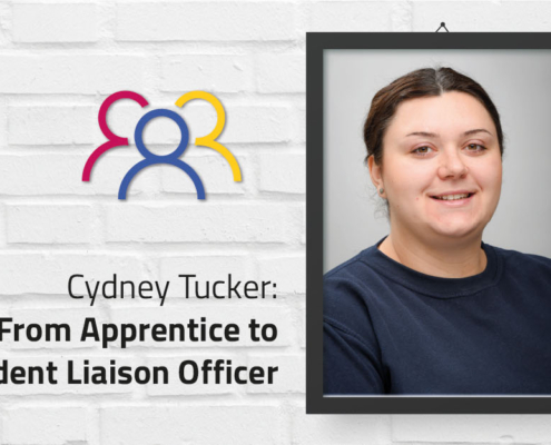 Photograph in frame of young woman in navy blue top. Text alongside reads: Cydney Tucker, from apprentice to Resident Liaison Officer.